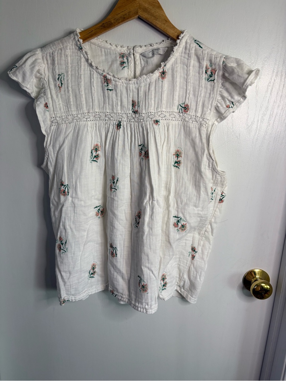 Lucky Brand Women’s Sz L White Floral Crinkle Cotton Lace Cap Sleeve Blouse Boho